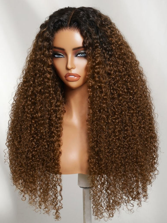 Klaiyi 7x5 No Slip Wig Warm Caramel Brown with Dark Roots Sun-Kissed Colored Natural Afro Curly Hair Put On and Go Glueless Human Hair Wig