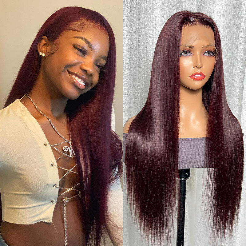 Extra 60% OFF | Klaiyi Dark Burgundy Color Straight Lace Front Wig Pre-Plucked