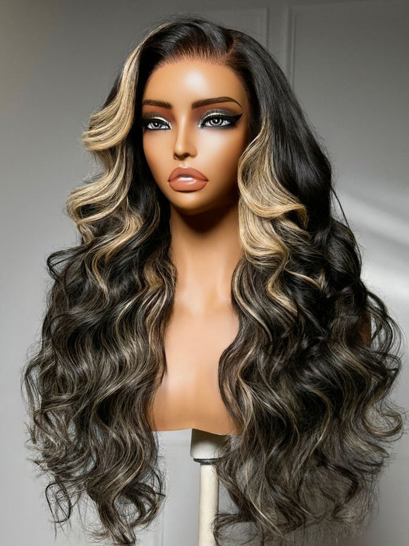 Perruque Klaiyi Ombre Brown Balayage Highlight Body Wave 7x5 Bye Bye Knots, précolorée, sans colle, en cheveux humains et dentelle. 