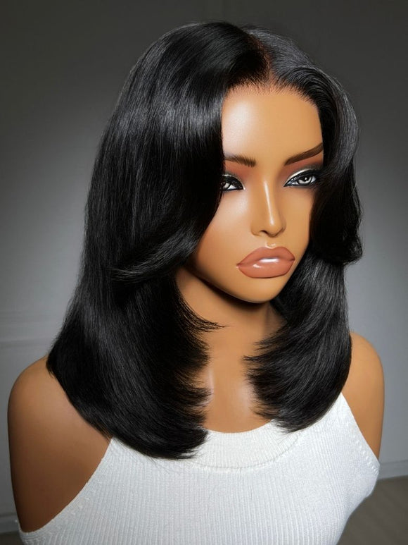 Klaiyi 7x5 No-Slip Glueless Lace Wig 90s Blowout Layered Bob with Curtain Bangs & Face-Framing Layers Human Hair Wig