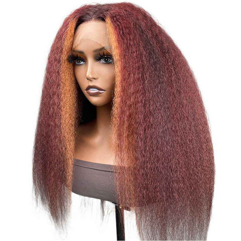 99=22''|Klaiyi Burgundy Highlight Kinky Straight Wig with Orange Stripes Lace Front Wig Flash Sale
