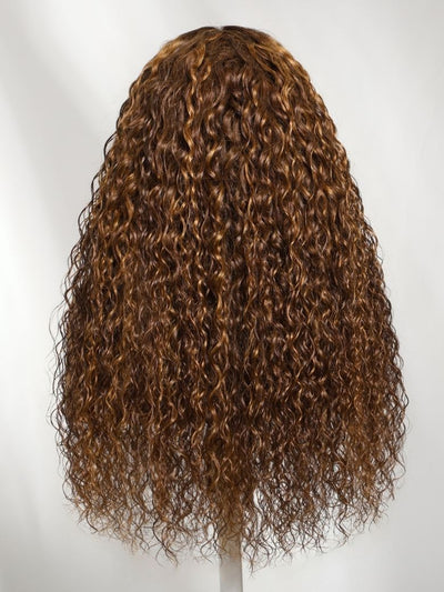 Klaiyi 13x4 Pre-Everything Water Wave Wig Warm Caramel Brown with Honey Highlights Glueless Lace Front Wig