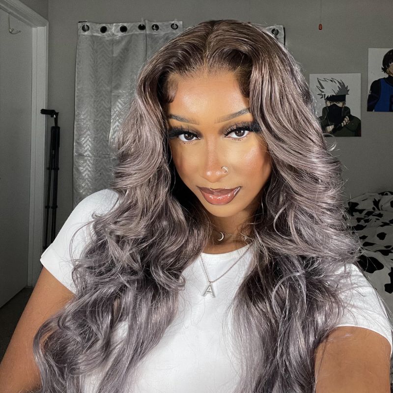 Klaiyi Brown Roots with Punky Gray Highlights Multicolor Wigs Body Wave Human Hair