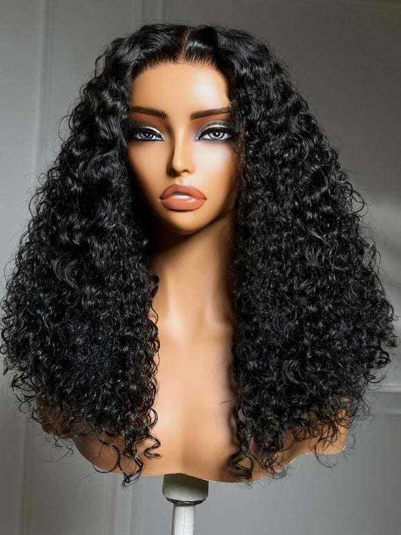 Klaiyi 7x5 No-Slip Glueless Curly Wig Natural Black Fluffy Hair with Drawstring Put On & Go