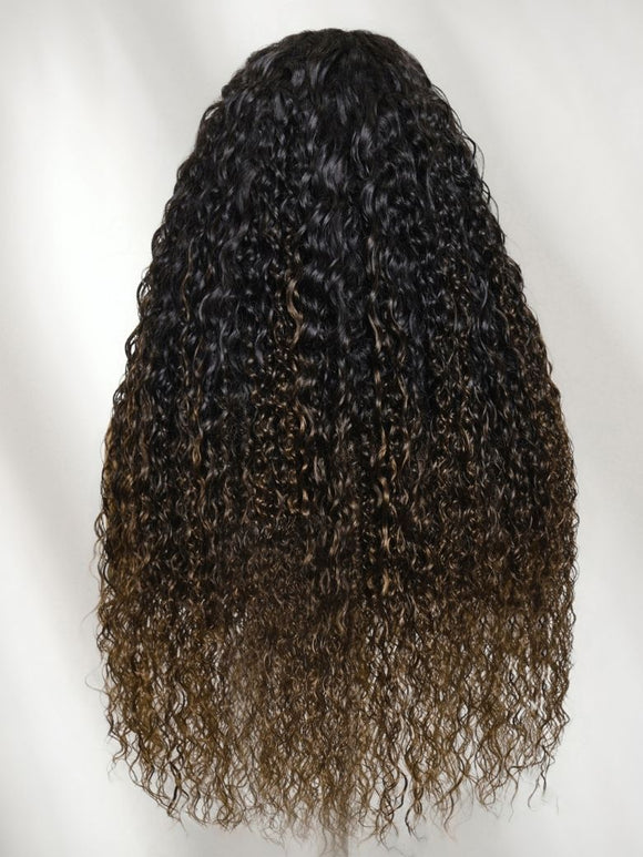 Klaiyi 7x5 No-Slip Glueless Ombre Chestnut Brown Water Wave & Curly Human Hair Wig