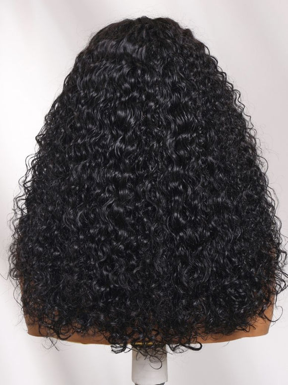 Klaiyi 7x5 No-Slip Glueless Curly Wig Natural Black Fluffy Hair with Drawstring Put On & Go
