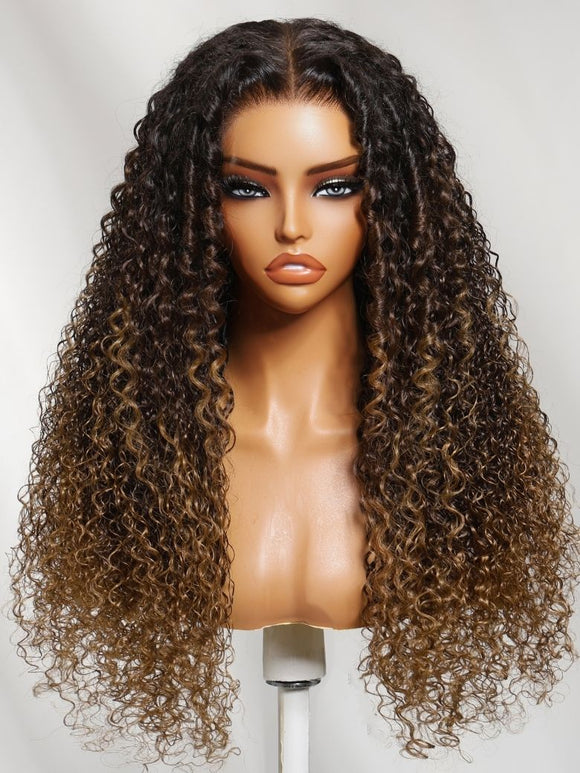 Klaiyi 7x5 No-Slip Glueless Dark Brown to Honey Caramel Ombre with Natural Shadow Root Finger Coil Defined Curls Put On And Go Human Hair Wig