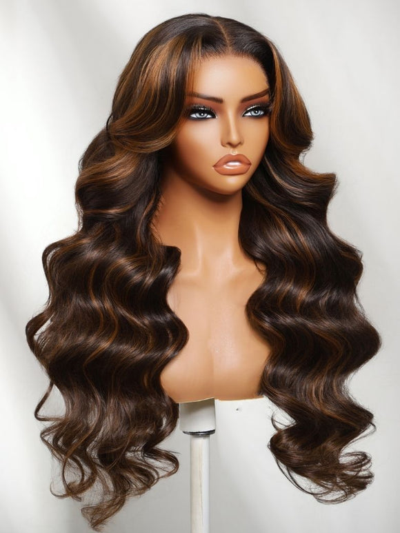 Klaiyi 7x5 No Slip Wig Dark Brown Wig with Caramel Balayage  Body Wave Put On and Go Glueless Human Hair Wig