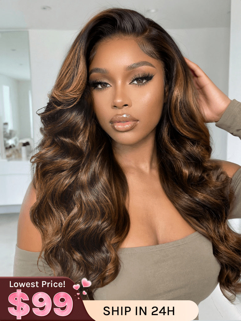 Klaiyi Ombre Brown Balayage Highlight Body Wave 7x5 Bye Bye Knots Wig Precolored Glueless Human Hair Lace Wig