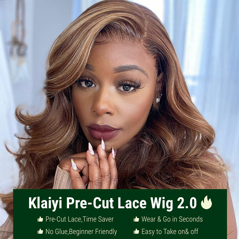 Buy 1 Get 1 Free,Code:BOGO | Klaiyi Pre-Cut Glueless Wig Put On and Go Highlight Blonde Body Wave Wig Human Hair