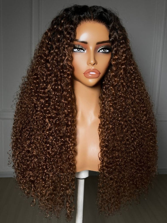 Klaiyi 7x5 No Slip Wig Warm Caramel Brown with Dark Roots Sun-Kissed Colored Natural Afro Curly Hair Put On and Go Glueless Human Hair Wig