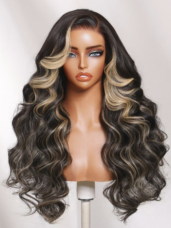 Perruque Klaiyi Ombre Brown Balayage Highlight Body Wave 7x5 Bye Bye Knots, précolorée, sans colle, en cheveux humains et dentelle. 