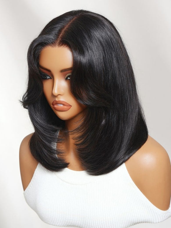 Klaiyi 7x5 No-Slip Glueless Lace Wig 90s Blowout Layered Bob with Curtain Bangs & Face-Framing Layers Human Hair Wig