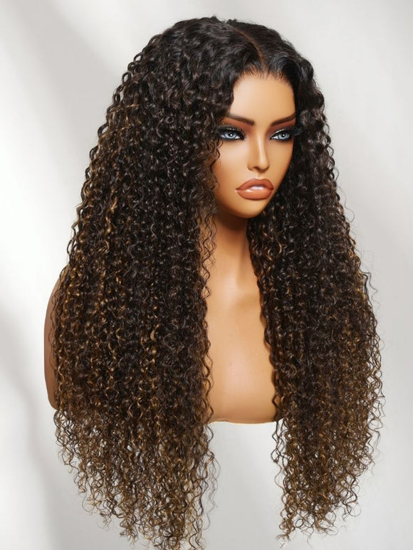 Klaiyi 13x4 Glueless Lace Front Dark Brown Curly Human Hair Wig with Caramel Highlights Put On & Go Invisi Drawstring