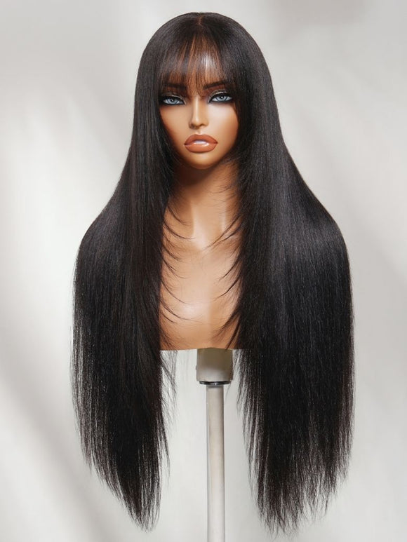 Klaiyi Yaki Straight Human Hair Glueless Wig with Blunt Cut Bangs Natural Black Color