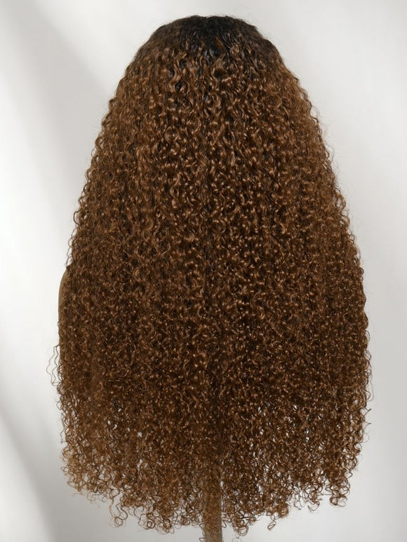Klaiyi 7x5 No Slip Wig Warm Caramel Brown with Dark Roots Sun-Kissed Colored Natural Afro Curly Hair Put On and Go Glueless Human Hair Wig