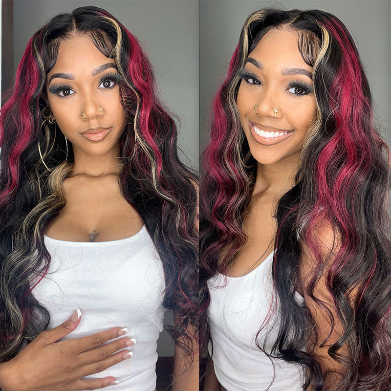 Buy 1 Get 1 Free,Code:BOGO |Klaiyi Blonde And Red Skunk Stripe Highlights 13x4 Lace Front/7x5 Bye Bye Knots Loose Wave Human Hair Wigs
