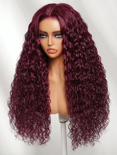 Klaiyi 99J Burgundy Water Wave Wig Long Human Hair 13x4 Glueless Lace Front Wig with Invisi Drawstring Flash Sale