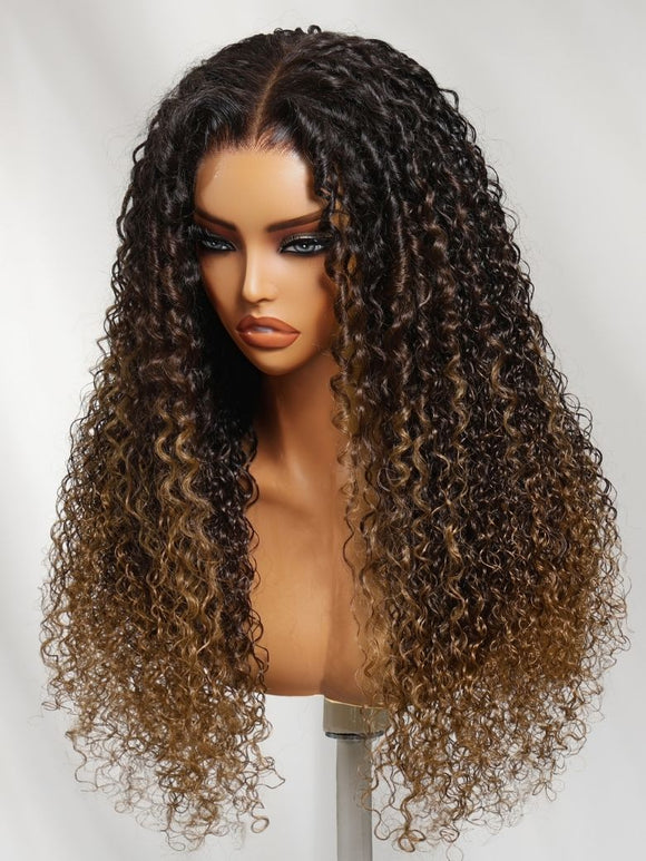Klaiyi 7x5 No-Slip Glueless Dark Brown to Honey Caramel Ombre with Natural Shadow Root Finger Coil Defined Curls Put On And Go Human Hair Wig