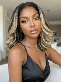 Klaiyi 7x5 No-slip Cap Glueless Lace Ash Blonde Highlight Feathered Layered Blowout Short Bob Human Hair Wig