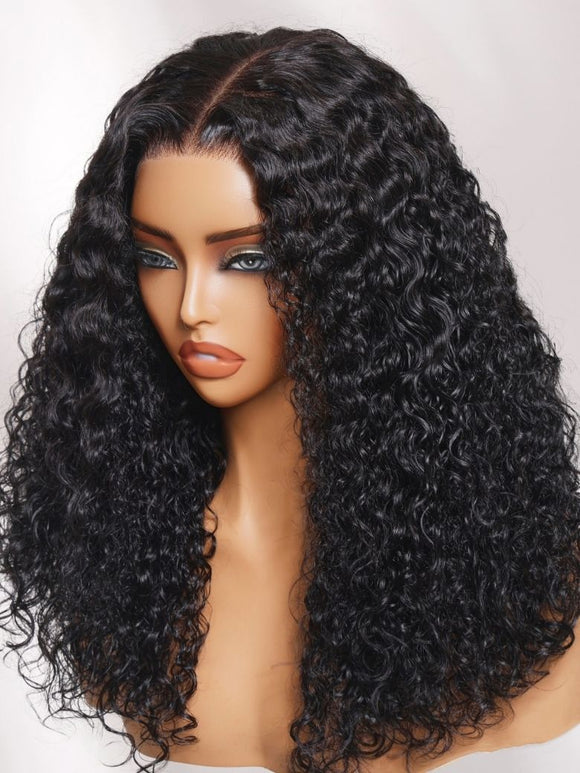 Klaiyi 7x5 No-Slip Glueless Curly Wig Natural Black Fluffy Hair with Drawstring Put On & Go