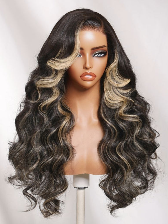 Perruque Klaiyi Ombre Brown Balayage Highlight Body Wave 7x5 Bye Bye Knots, précolorée, sans colle, en cheveux humains et dentelle. 