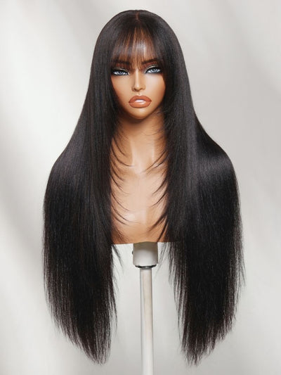 Klaiyi Yaki Straight Human Hair Glueless Wig with Blunt Cut Bangs Natural Black Color