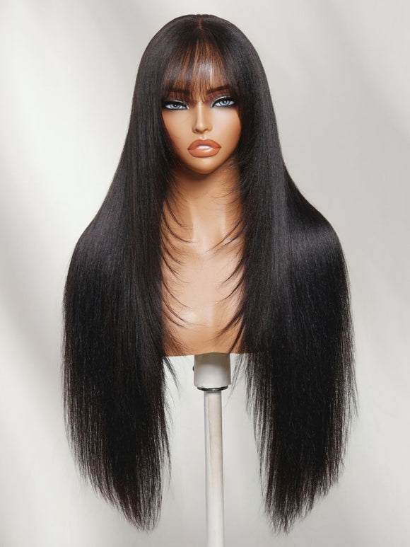 Klaiyi Yaki Straight Human Hair Glueless Wig with Blunt Cut Bangs Natural Black Color