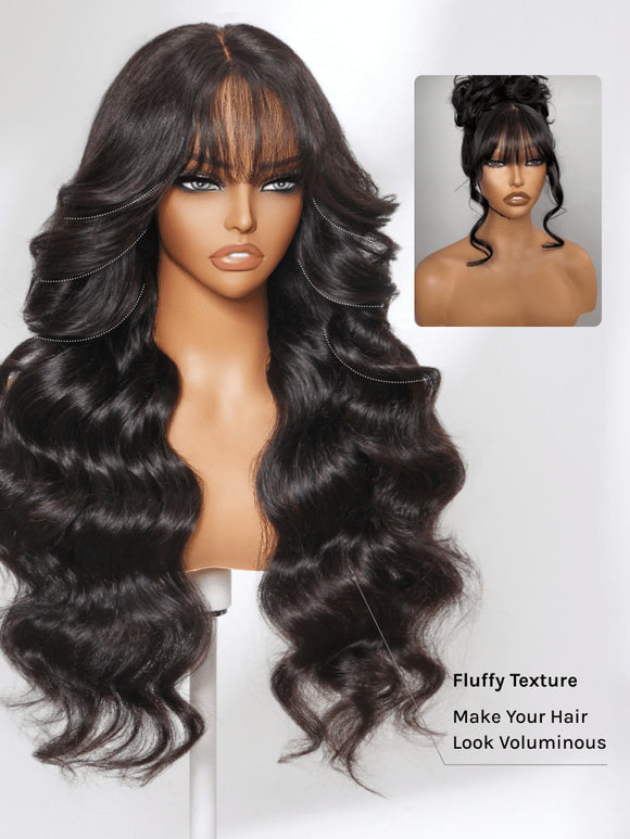 Extra 50% Off Code HALF50  |Klaiyi 13x4 3D Fluffy Body Wave Lace Frontal Wig with Curtain Bangs Face Framing Style Put on and go Glueless Wigs