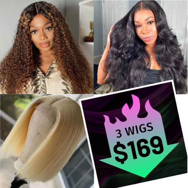$169 Get 3 Wigs | 4x4 Lace Part Body Wave Wig +180% Density 4x4 Lace Closure 613 BOB Wig+ V Part Highlight Balayage Jerry Curly Wig Flash Sale