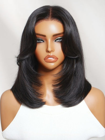 Klaiyi 7x5 No-Slip Glueless Lace Wig 90s Blowout Layered Bob with Curtain Bangs & Face-Framing Layers Human Hair Wig