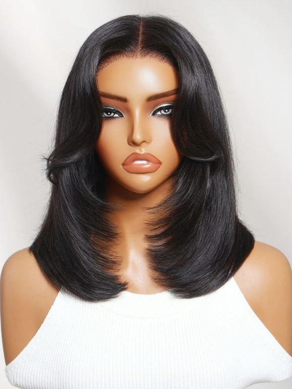 Klaiyi 7x5 No-Slip Glueless Lace Wig 90s Blowout Layered Bob with Curtain Bangs & Face-Framing Layers Human Hair Wig