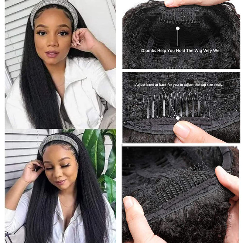 Put On and Go Style Flash Sale | Klaiyi Glueless Yaki Straight 3/4 Half Wigs Human Hair No Lace Glueless Headband Wig Beginner Friendly