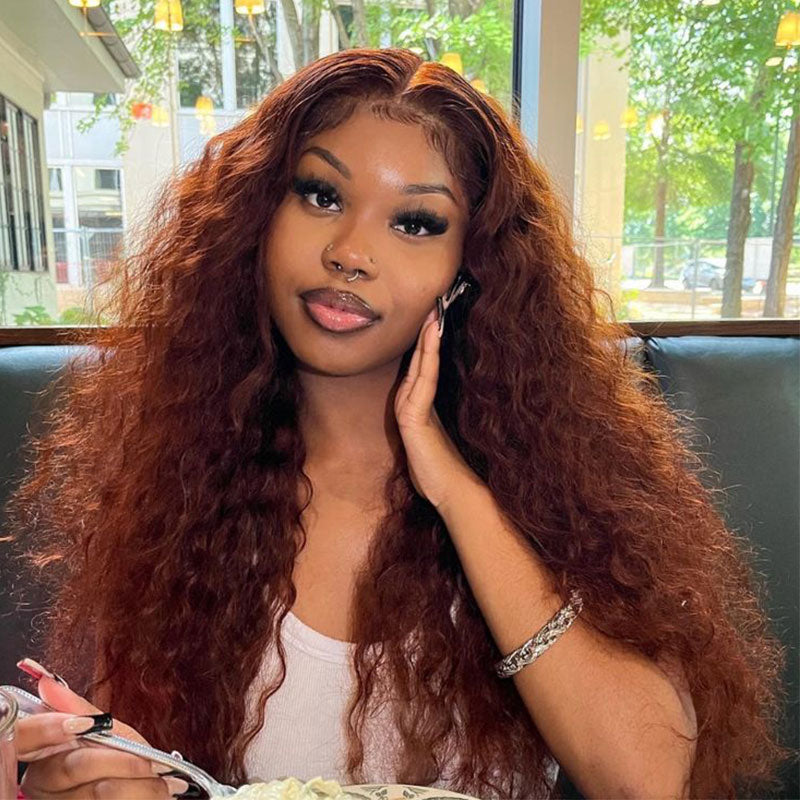 Buy 1 Get 1 Free,Code:BOGO | Klaiyi 6x4.5 Reddish Brown Put On and Go Larger Lace Lace Wig Body Wave/Kinky Curly/Water Wave