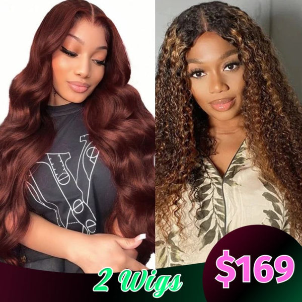 $169 Get 2 Wigs |  13x4 Lace Front Reddish Brown Body Wave Wig + U Part Jerry Curly Balayage Blonde Wig Flash Sale