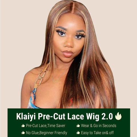 Klaiyi Put On and Go Pre Cut Lace Wig 6x4.75 Lace Closure Honey Blonde Highlight  Body Wave Or Jerry Curl Or Straight Flash Sale