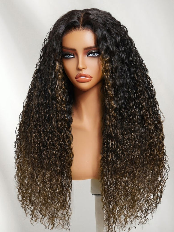 Klaiyi 7x5 No-Slip Glueless Ombre Chestnut Brown Water Wave & Curly Human Hair Wig