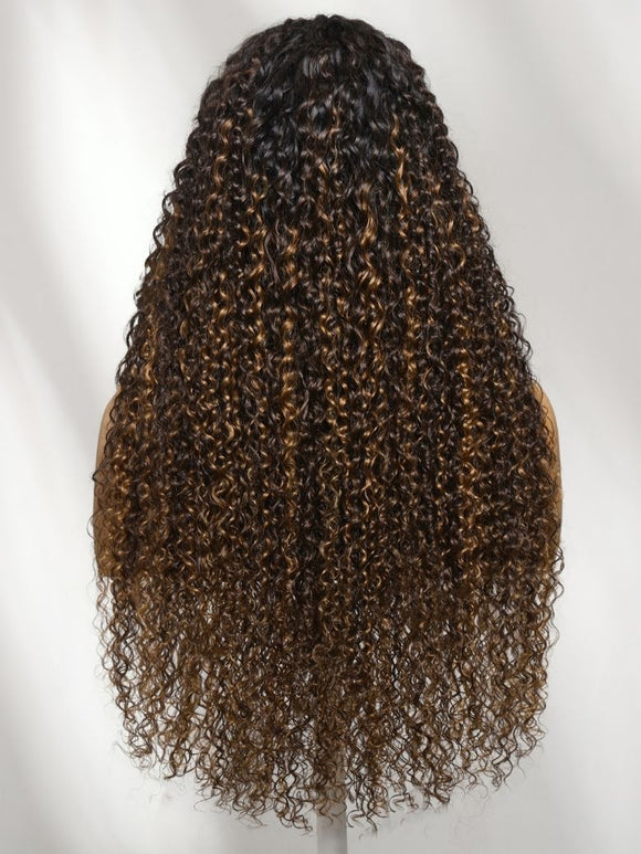 Klaiyi 13x4 Glueless Lace Front Dark Brown Curly Human Hair Wig with Caramel Highlights Put On & Go Invisi Drawstring