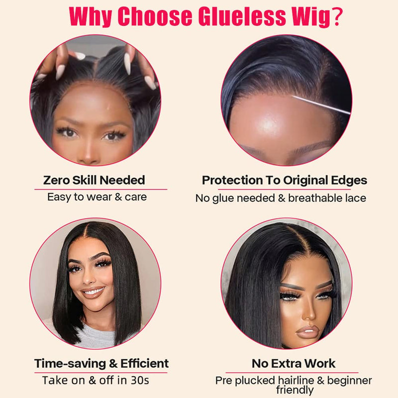 Buy 1 Get 1 Free,Code:BOGO |Klaiyi Yaki Straight Put On and Go Glueless Bob Wig 7x5 Pre-Cut Bye Bye Knots Wig 4.0