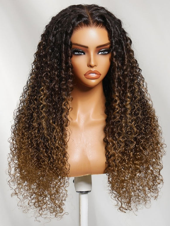Klaiyi 7x5 No-Slip Glueless Dark Brown to Honey Caramel Ombre with Natural Shadow Root Finger Coil Defined Curls Put On And Go Human Hair Wig