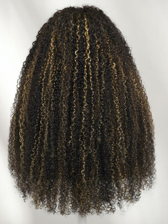 Klaiyi Honey Blonde & Caramel Highlights on Black Natural Curly Wig 7x5 Glueless Lace Front Human Hair Wig with Invisi Drawstring Flash Sale