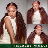 Klaiyi 7x5 Pre-Cut Lace Wig Wear & Go Invisible Knots Reddish Brown Color Jerry Curly Flash Sale