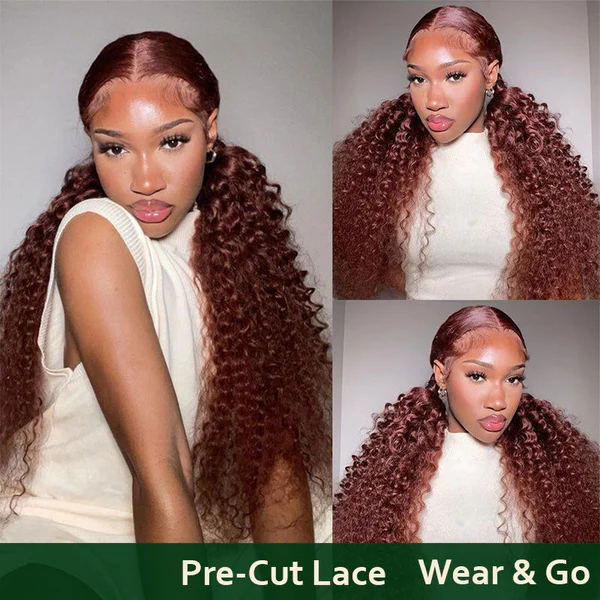 Klaiyi 7x5 Pre-Cut Lace Wig Put On and Go Invisible Knots Reddish Brown Color Jerry Curly Flash Sale