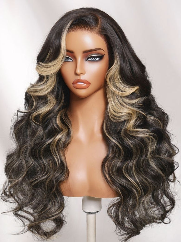 Perruque Klaiyi Ombre Brown Balayage Highlight Body Wave 7x5 Bye Bye Knots, précolorée, sans colle, en cheveux humains et dentelle. 