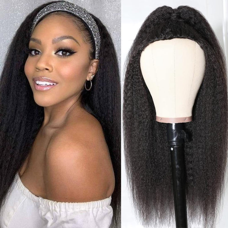 Put On and Go Style Flash Sale | Klaiyi Glueless Yaki Straight 3/4 Half Wigs Human Hair No Lace Glueless Headband Wig Beginner Friendly