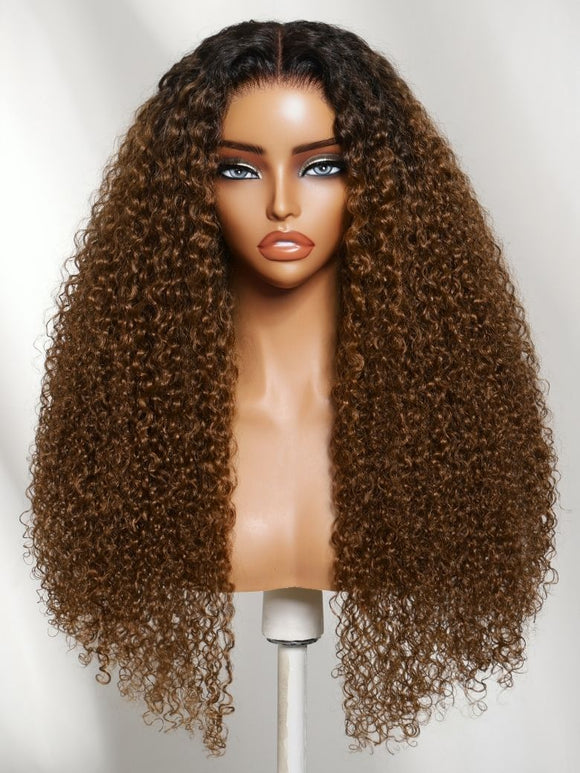 Klaiyi 7x5 No Slip Wig Warm Caramel Brown with Dark Roots Sun-Kissed Colored Natural Afro Curly Hair Put On and Go Glueless Human Hair Wig