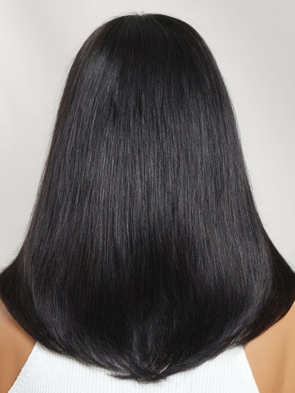 Klaiyi 7x5 No-Slip Glueless Lace Wig 90s Blowout Layered Bob with Curtain Bangs & Face-Framing Layers Human Hair Wig