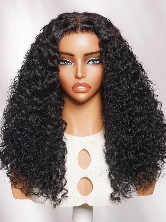 Klaiyi 7x5 No-Slip Glueless Curly Wig Natural Black Fluffy Hair with Drawstring Put On & Go