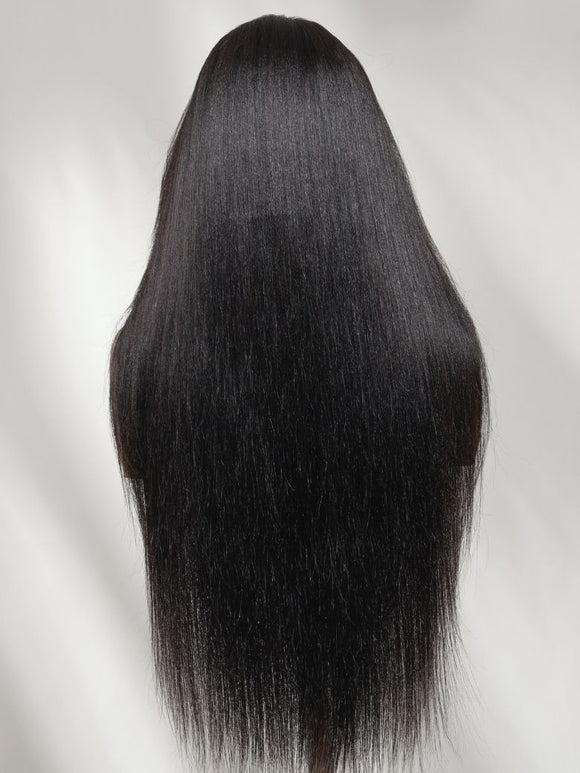Klaiyi 7x5 No-Slip Glueless Layered Yaki Straight Wig with Wispy Bangs Put On & Go Human Hair Wig with Invisi Drawstring