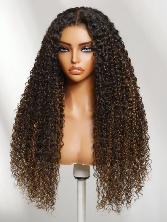 Klaiyi 13x4 Glueless Lace Front Dark Brown Curly Human Hair Wig with Caramel Highlights Put On & Go Invisi Drawstring